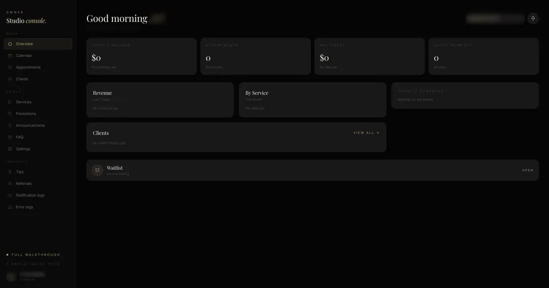 Custom owner console for a salon business