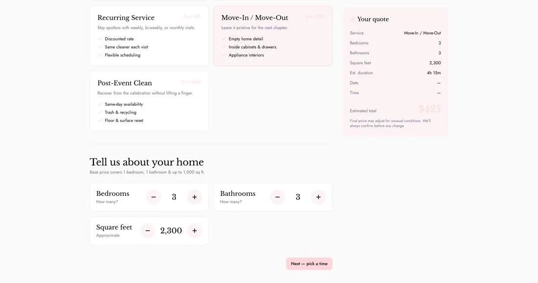 Custom instant quote flow for a cleaning business