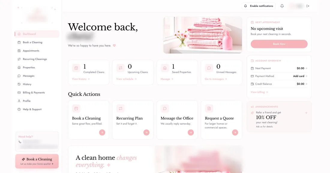 Custom customer portal for a cleaning business